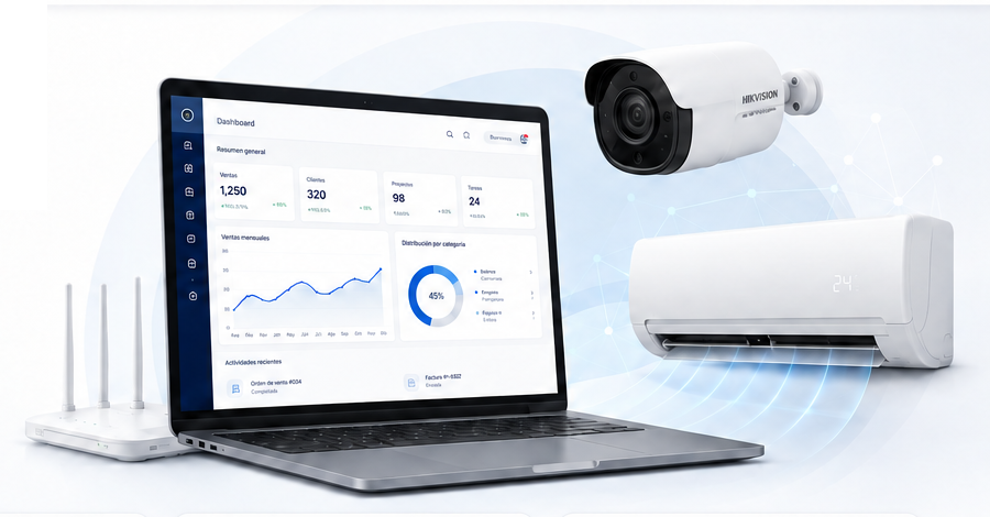 Laptop con Solucab Suite, cámara, aire acondicionado y router