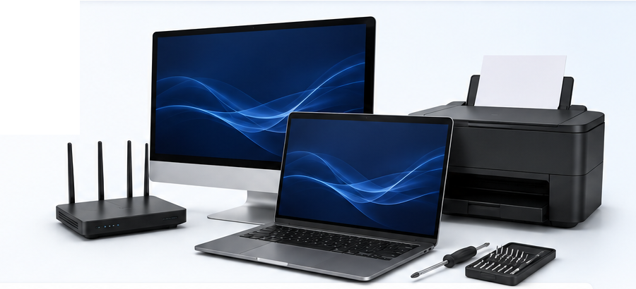 Computadora, laptop, impresora, router y herramientas